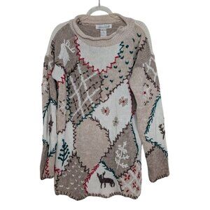 Vintage 90s Embroidered Patchwork Sweater Womens Size Small Beige Neutral Moose